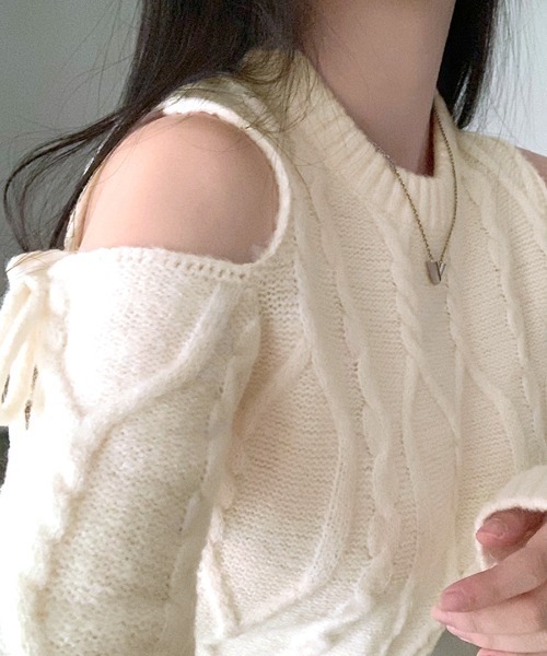 Riff（リフ） ニット セーター オープンショルダーリボンケーブル