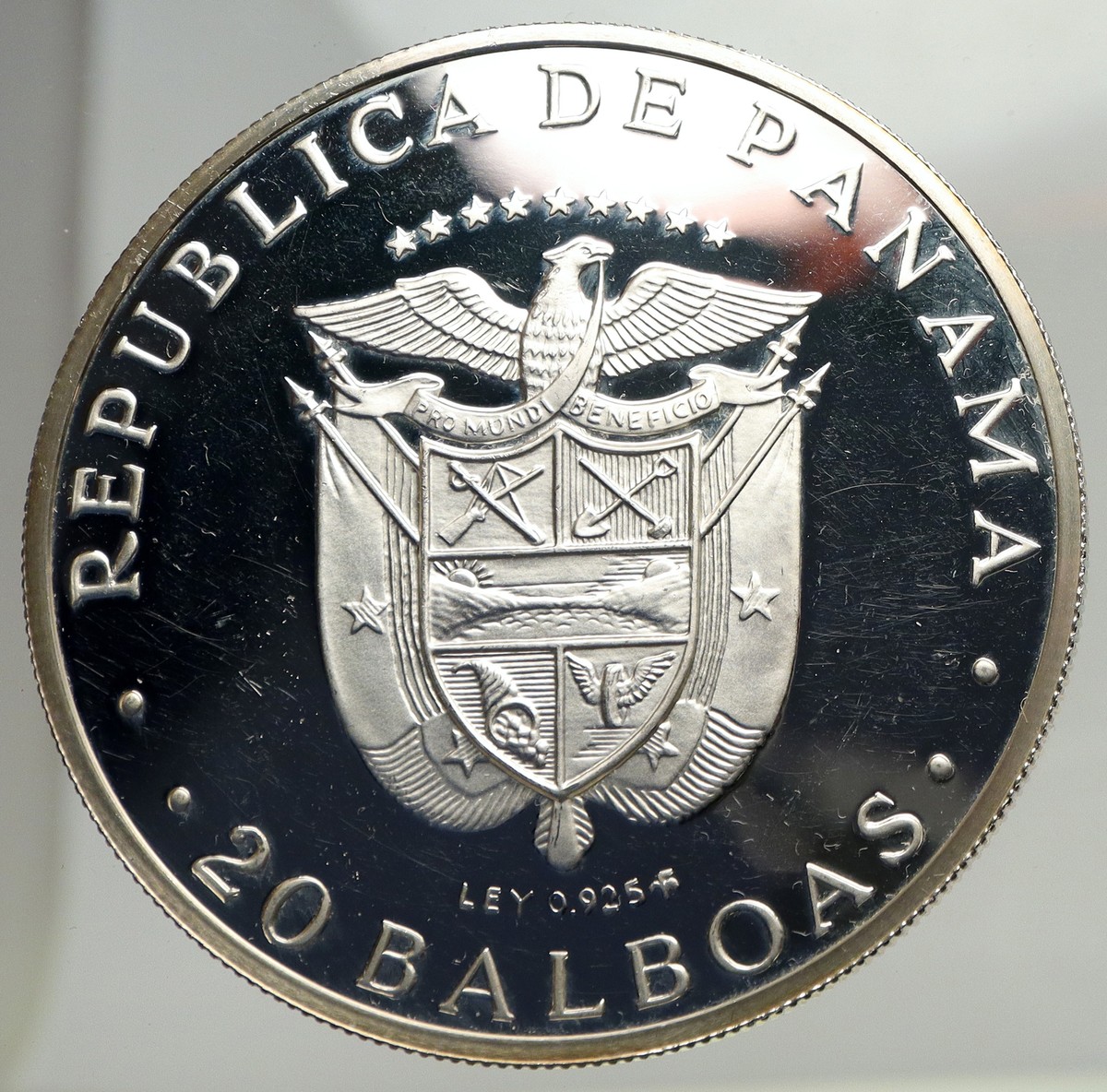 1974 PANAMA Huge 6.2cm Proof Silver 3.8oz 20 Balboas Coin w SIMON