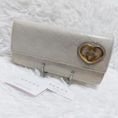 美品✨グッチ◇ハートインターロッキングフラップ長財布 シマレザー白